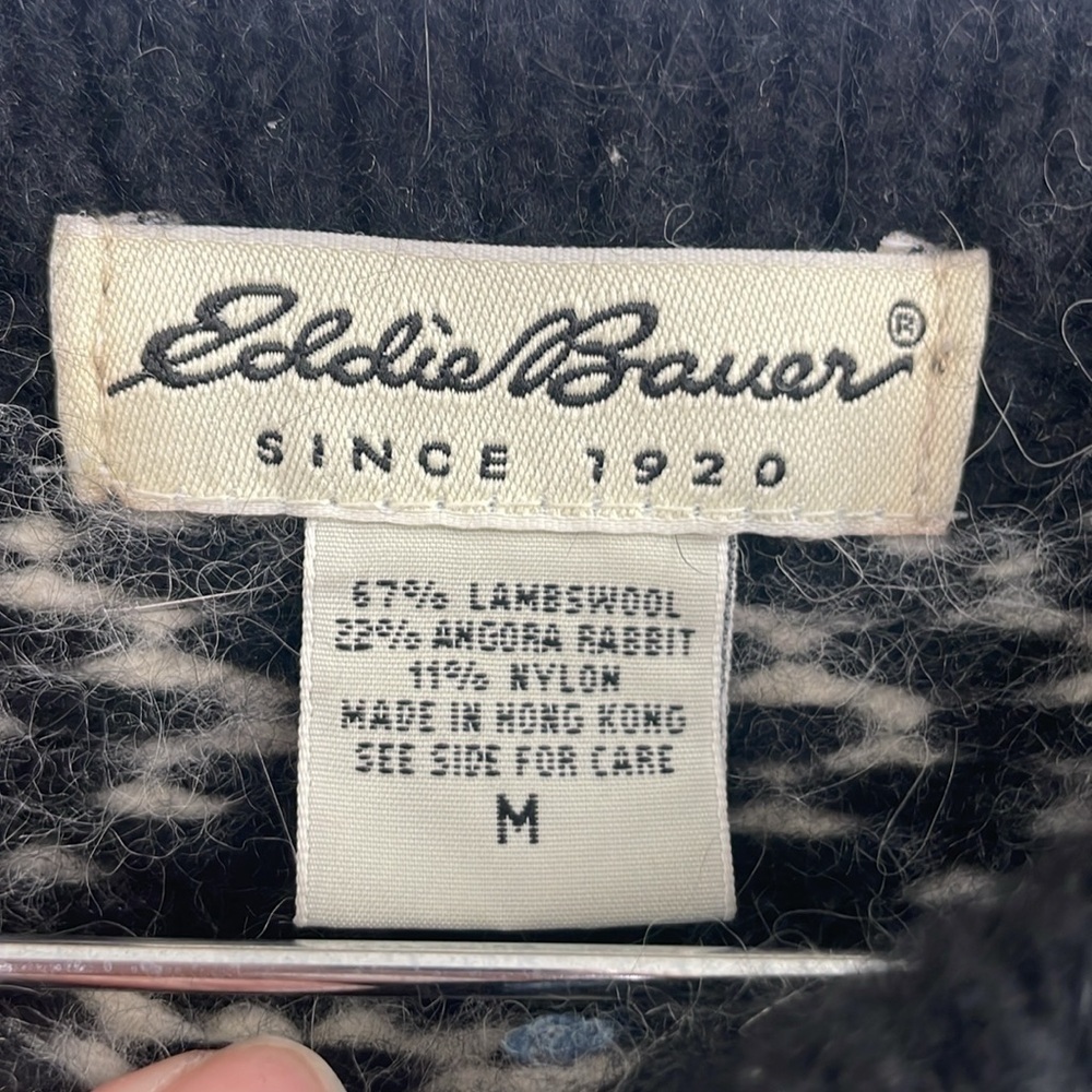 Eddie Bauer Womens Chunky Knit Black Cream Lambswool Angora Blend Sweater Medium - Picture 8 of 17